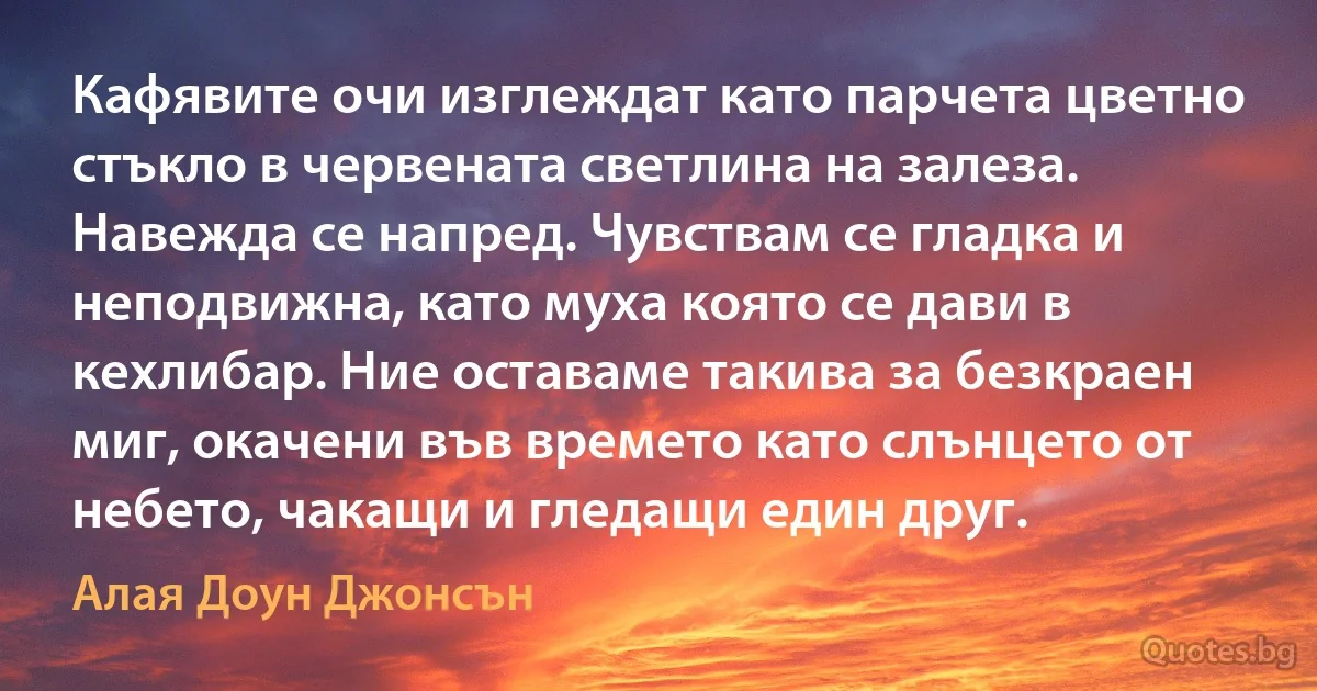 Кафявите очи изглеждат като парчета цветно стъкло в червената светлина на залеза. Навежда се напред. Чувствам се гладка и неподвижна, като муха която се дави в кехлибар. Ние оставаме такива за безкраен миг, окачени във времето като слънцето от небето, чакащи и гледащи един друг. (Алая Доун Джонсън)