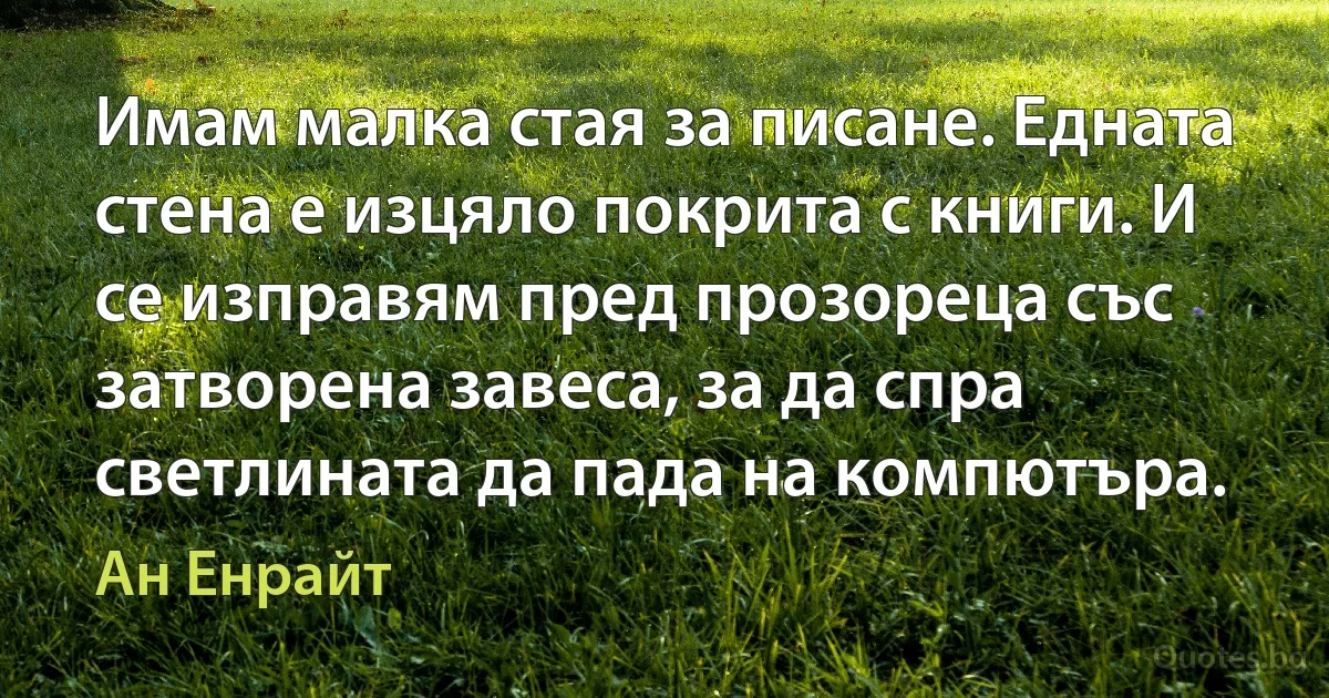 Имам малка стая за писане. Едната стена е изцяло покрита с книги. И се изправям пред прозореца със затворена завеса, за да спра светлината да пада на компютъра. (Ан Енрайт)