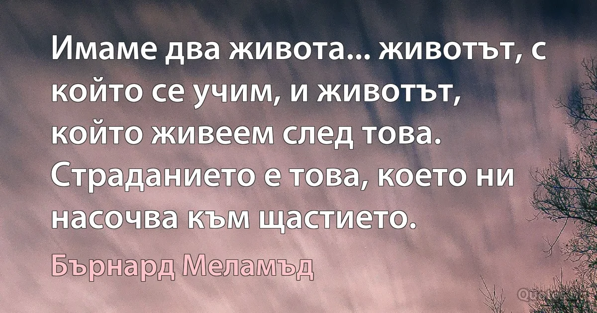 Имаме два живота... животът, с който се учим, и животът, който живеем след това. Страданието е това, което ни насочва към щастието. (Бърнард Меламъд)