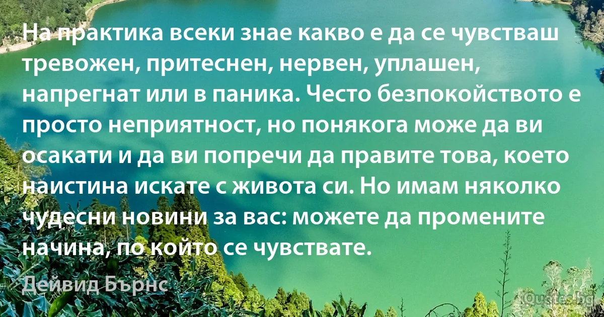 На практика всеки знае какво е да се чувстваш тревожен, притеснен, нервен, уплашен, напрегнат или в паника. Често безпокойството е просто неприятност, но понякога може да ви осакати и да ви попречи да правите това, което наистина искате с живота си. Но имам няколко чудесни новини за вас: можете да промените начина, по който се чувствате. (Дейвид Бърнс)