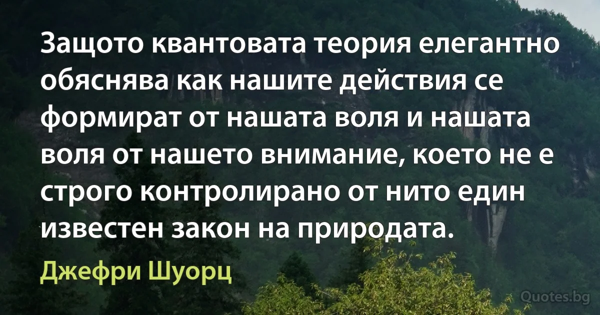 Защото квантовата теория елегантно обяснява как нашите действия се формират от нашата воля и нашата воля от нашето внимание, което не е строго контролирано от нито един известен закон на природата. (Джефри Шуорц)