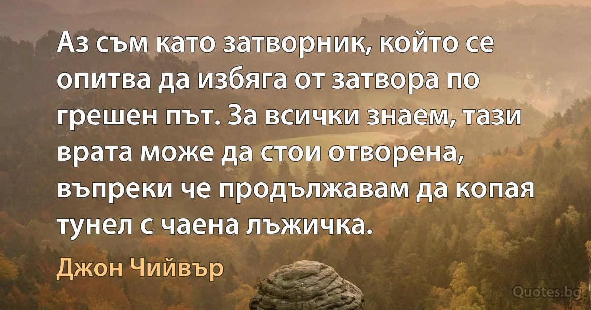 Аз съм като затворник, който се опитва да избяга от затвора по грешен път. За всички знаем, тази врата може да стои отворена, въпреки че продължавам да копая тунел с чаена лъжичка. (Джон Чийвър)