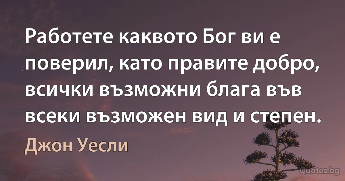 Работете каквото Бог ви е поверил, като правите добро, всички възможни блага във всеки възможен вид и степен. (Джон Уесли)