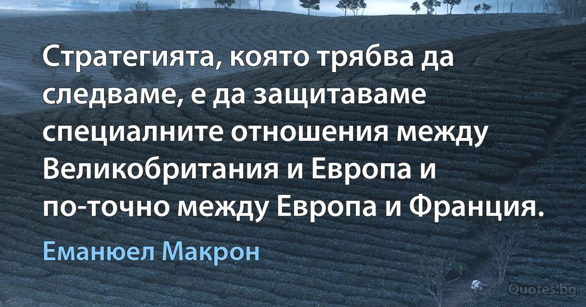 Стратегията, която трябва да следваме, е да защитаваме специалните отношения между Великобритания и Европа и по-точно между Европа и Франция. (Еманюел Макрон)