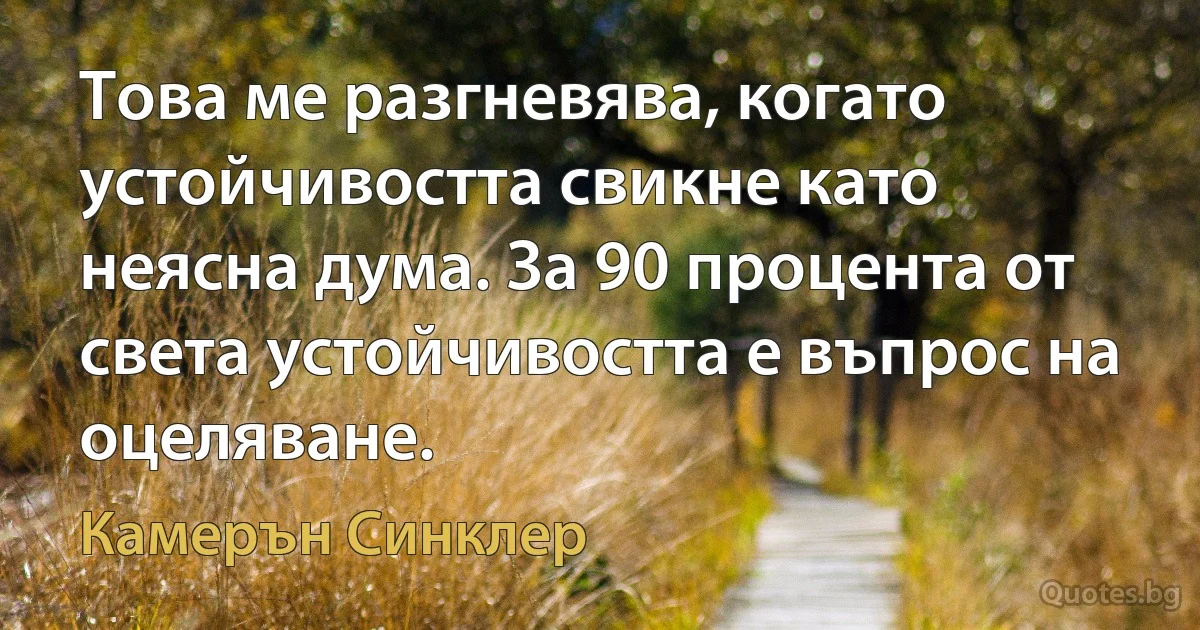 Това ме разгневява, когато устойчивостта свикне като неясна дума. За 90 процента от света устойчивостта е въпрос на оцеляване. (Камерън Синклер)