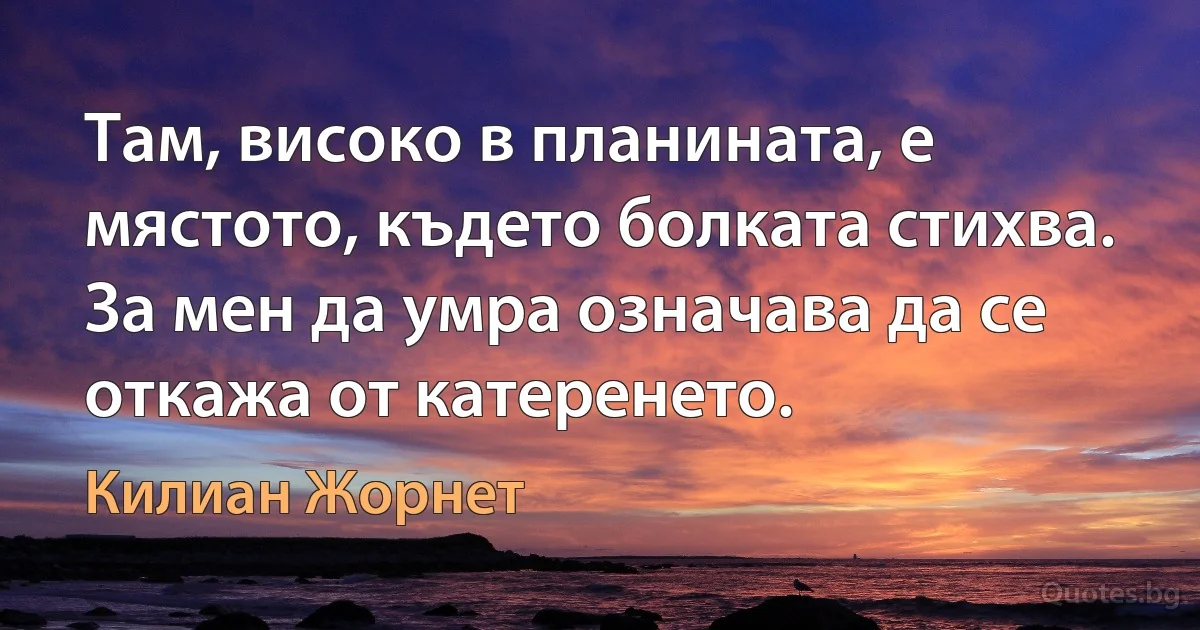 Там, високо в планината, е мястото, където болката стихва. За мен да умра означава да се откажа от катеренето. (Килиан Жорнет)