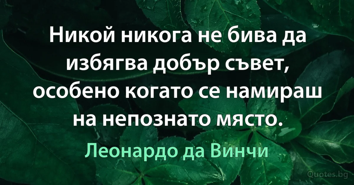 Никой никога не бива да избягва добър съвет, особено когато се намираш на непознато място. (Леонардо да Винчи)