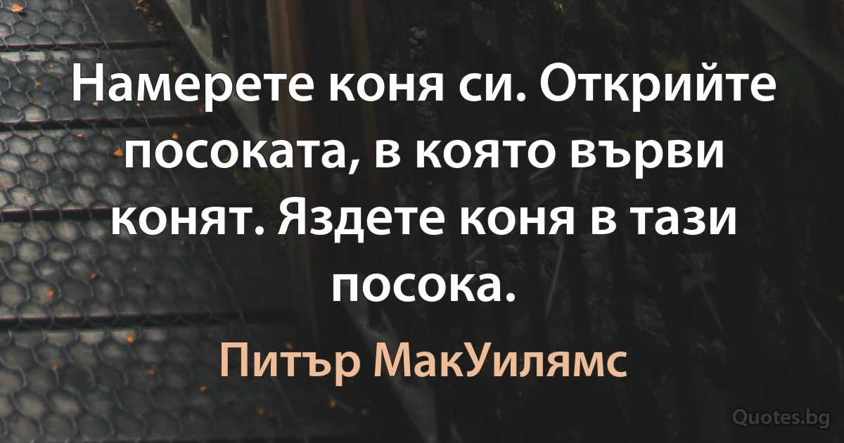 Намерете коня си. Открийте посоката, в която върви конят. Яздете коня в тази посока. (Питър МакУилямс)