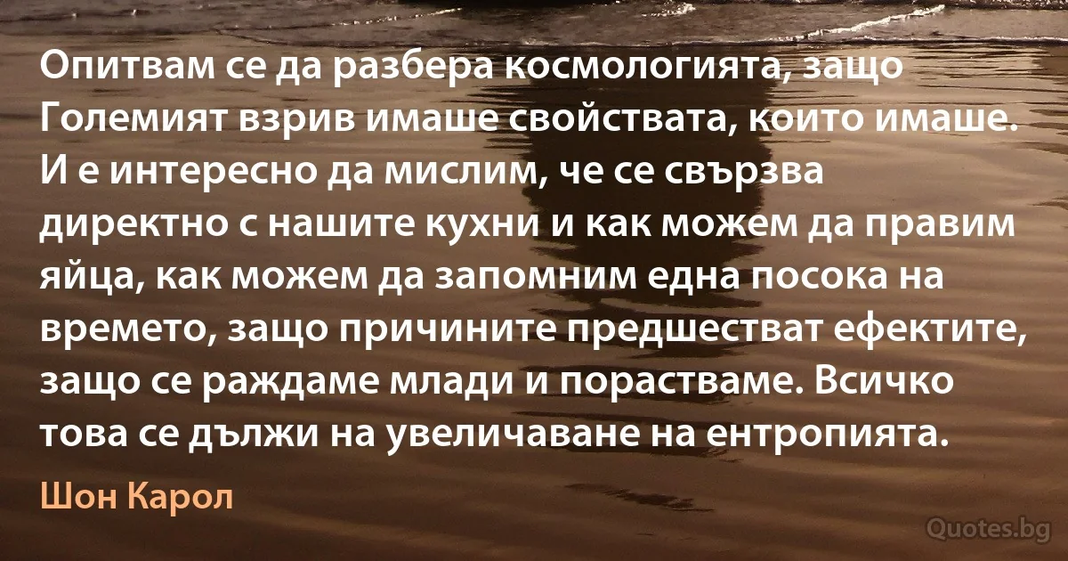 Опитвам се да разбера космологията, защо Големият взрив имаше свойствата, които имаше. И е интересно да мислим, че се свързва директно с нашите кухни и как можем да правим яйца, как можем да запомним една посока на времето, защо причините предшестват ефектите, защо се раждаме млади и порастваме. Всичко това се дължи на увеличаване на ентропията. (Шон Карол)