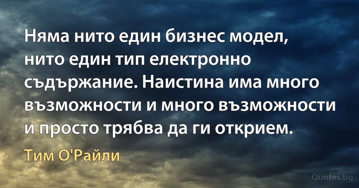 Няма нито един бизнес модел, нито един тип електронно съдържание. Наистина има много възможности и много възможности и просто трябва да ги открием. (Тим О'Райли)