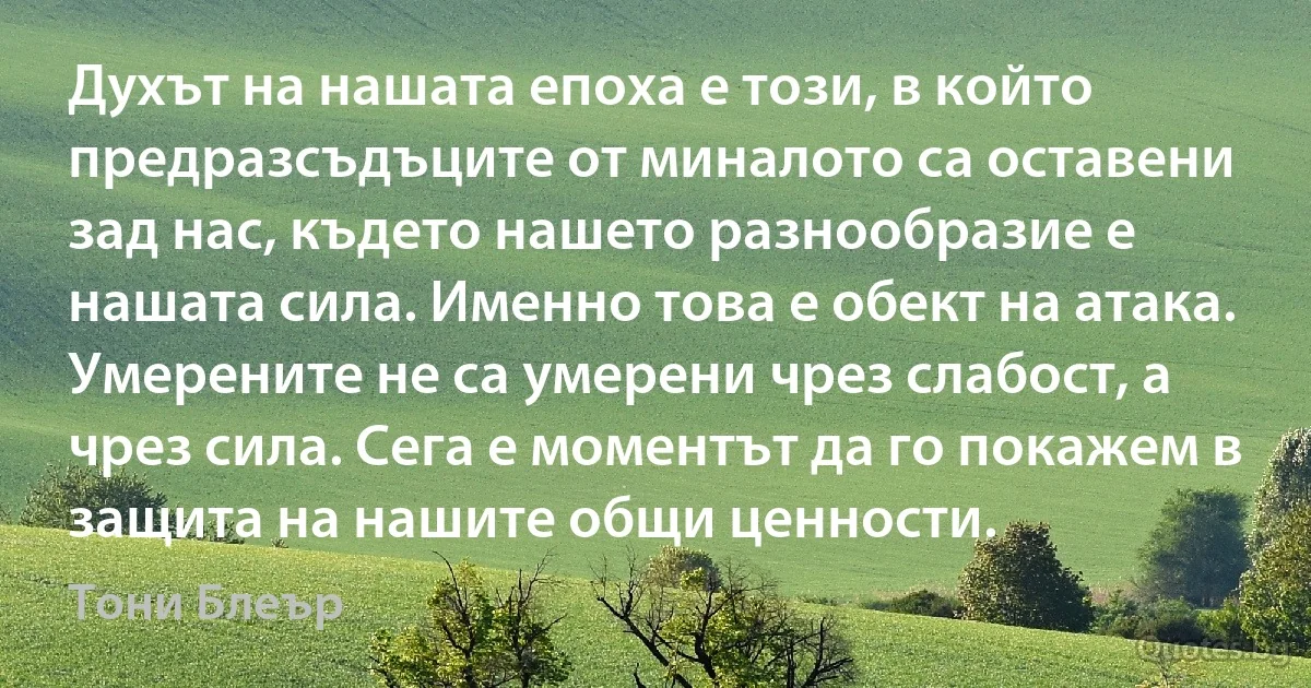 Духът на нашата епоха е този, в който предразсъдъците от миналото са оставени зад нас, където нашето разнообразие е нашата сила. Именно това е обект на атака. Умерените не са умерени чрез слабост, а чрез сила. Сега е моментът да го покажем в защита на нашите общи ценности. (Тони Блеър)