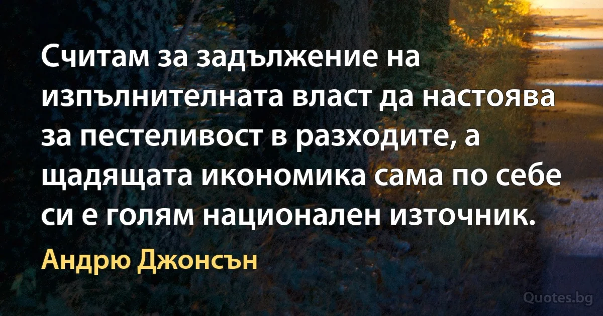 Считам за задължение на изпълнителната власт да настоява за пестеливост в разходите, а щадящата икономика сама по себе си е голям национален източник. (Андрю Джонсън)