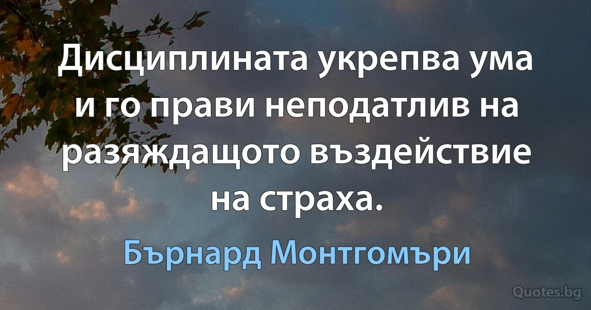 Дисциплината укрепва ума и го прави неподатлив на разяждащото въздействие на страха. (Бърнард Монтгомъри)