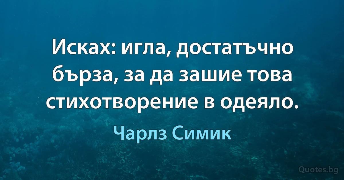 Исках: игла, достатъчно бърза, за да зашие това стихотворение в одеяло. (Чарлз Симик)