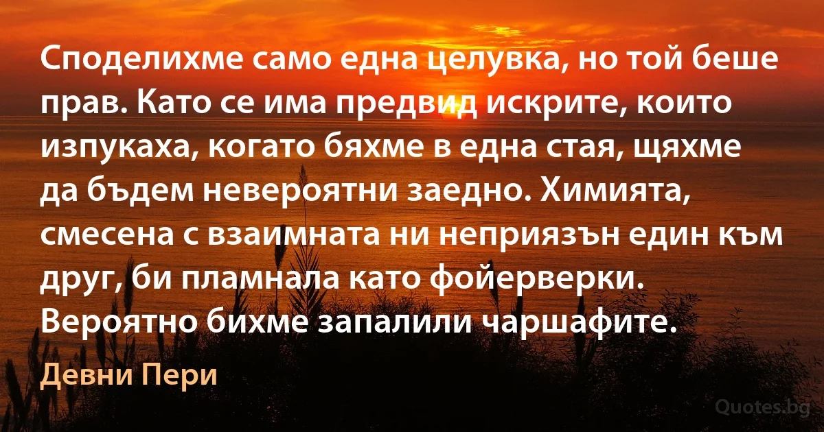 Споделихме само една целувка, но той беше прав. Като се има предвид искрите, които изпукаха, когато бяхме в една стая, щяхме да бъдем невероятни заедно. Химията, смесена с взаимната ни неприязън един към друг, би пламнала като фойерверки. Вероятно бихме запалили чаршафите. (Девни Пери)