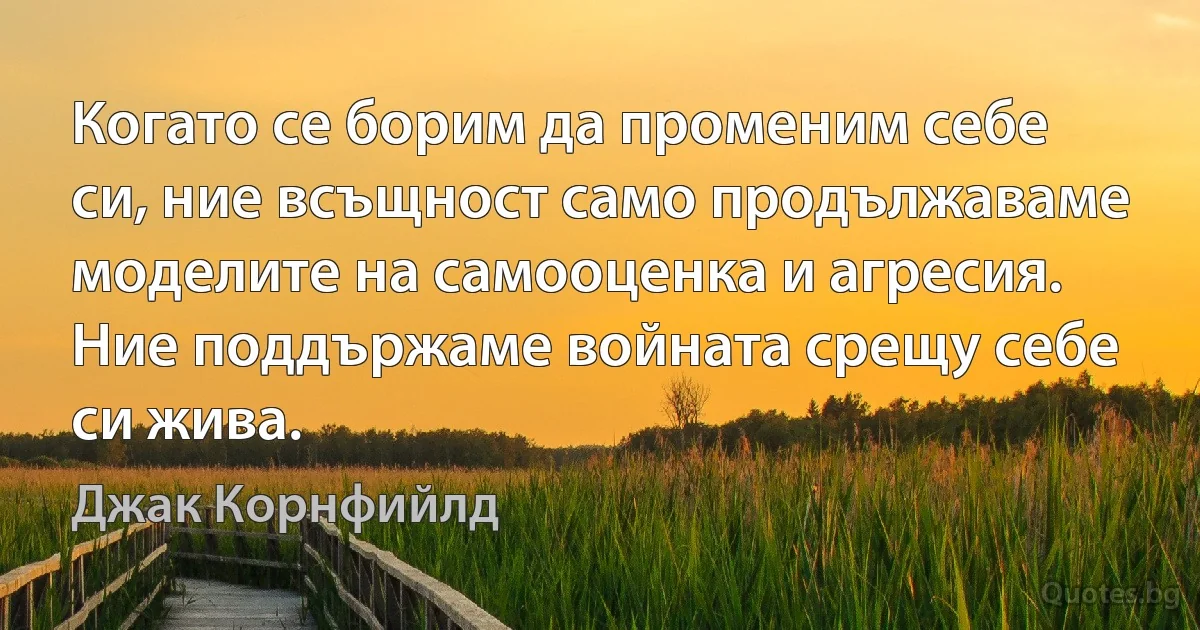 Когато се борим да променим себе си, ние всъщност само продължаваме моделите на самооценка и агресия. Ние поддържаме войната срещу себе си жива. (Джак Корнфийлд)