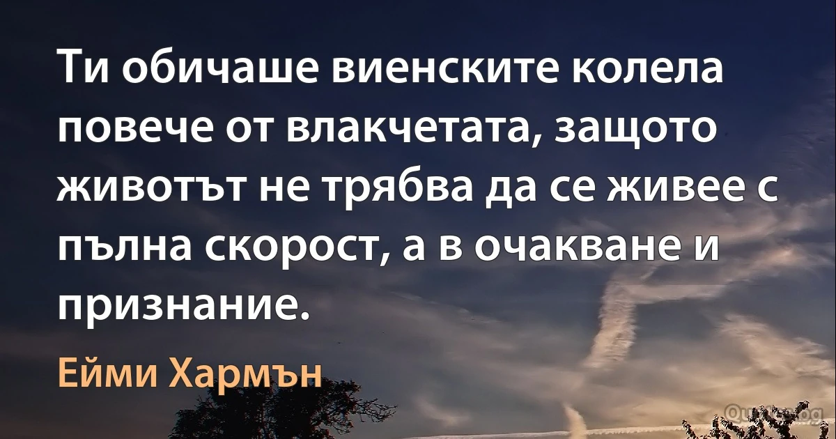 Ти обичаше виенските колела повече от влакчетата, защото животът не трябва да се живее с пълна скорост, а в очакване и признание. (Ейми Хармън)