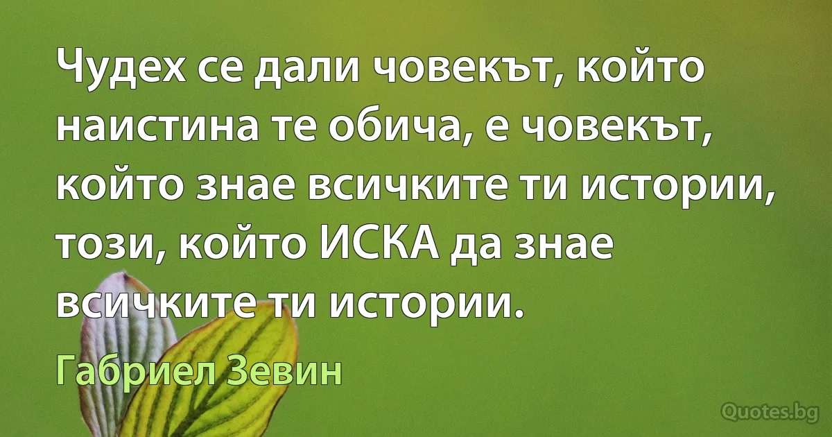 Чудех се дали човекът, който наистина те обича, е човекът, който знае всичките ти истории, този, който ИСКА да знае всичките ти истории. (Габриел Зевин)