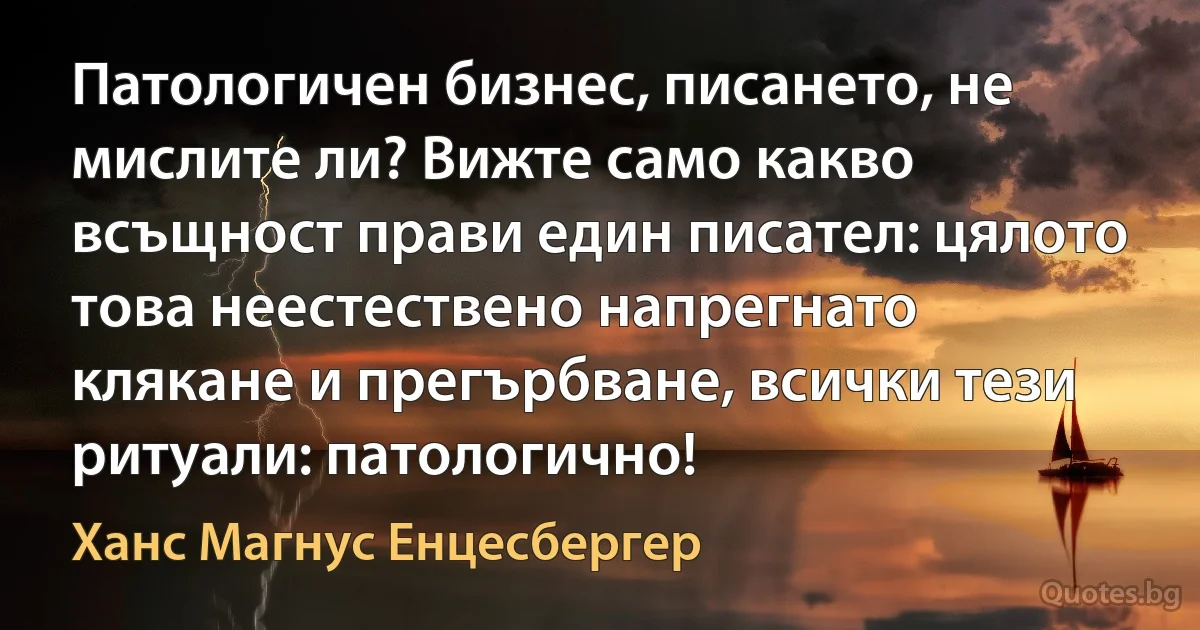 Патологичен бизнес, писането, не мислите ли? Вижте само какво всъщност прави един писател: цялото това неестествено напрегнато клякане и прегърбване, всички тези ритуали: патологично! (Ханс Магнус Енцесбергер)