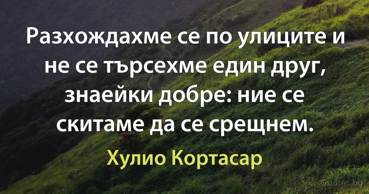 Разхождахме се по улиците и не се търсехме един друг, знаейки добре: ние се скитаме да се срещнем. (Хулио Кортасар)