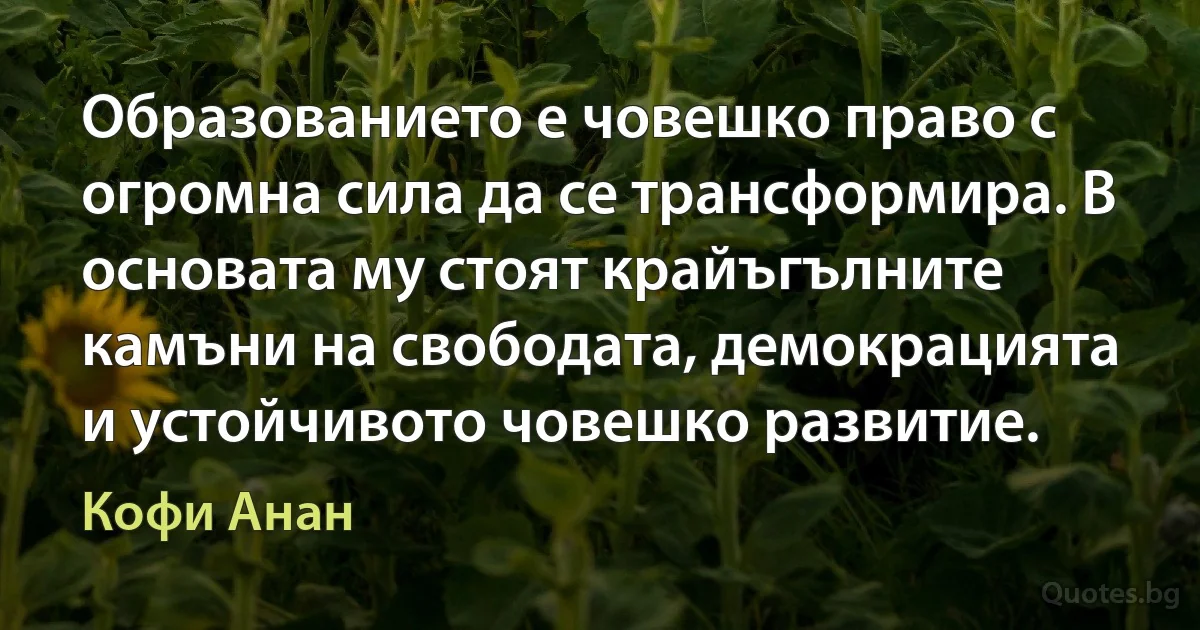 Образованието е човешко право с огромна сила да се трансформира. В основата му стоят крайъгълните камъни на свободата, демокрацията и устойчивото човешко развитие. (Кофи Анан)