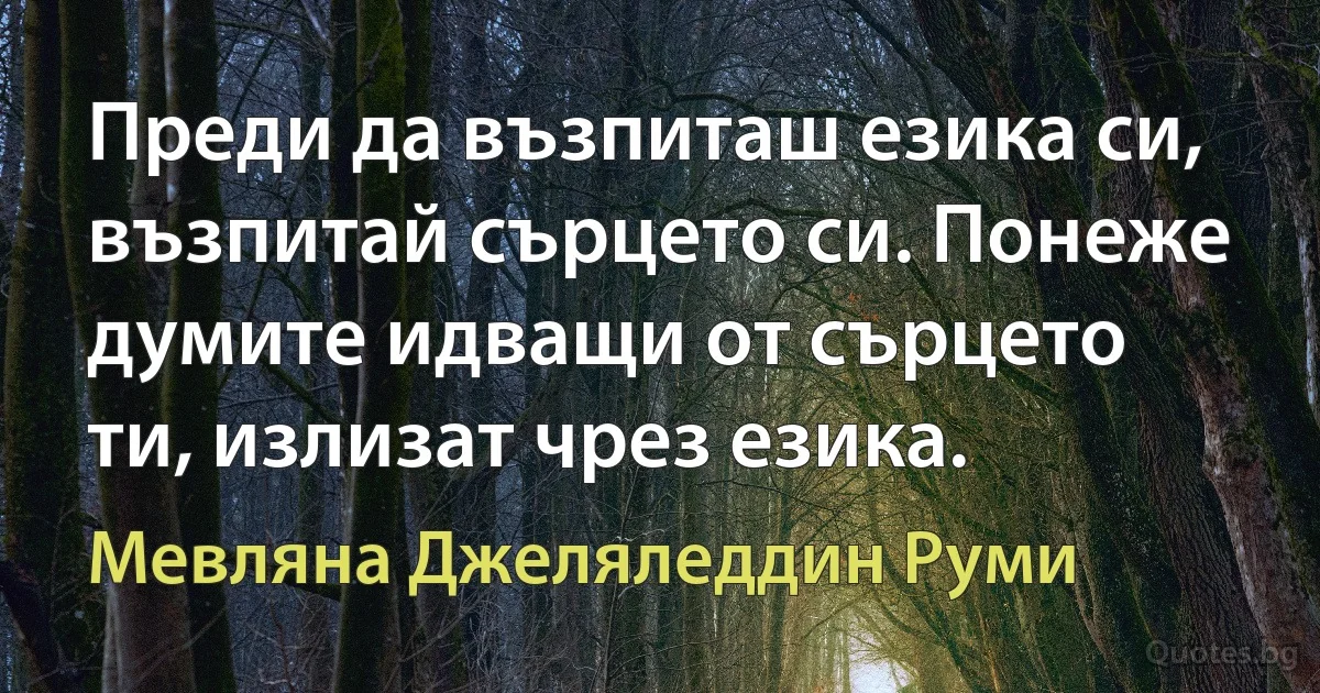 Преди да възпиташ езика си, възпитай сърцето си. Понеже думите идващи от сърцето ти, излизат чрез езика. (Мевляна Джеляледдин Руми)