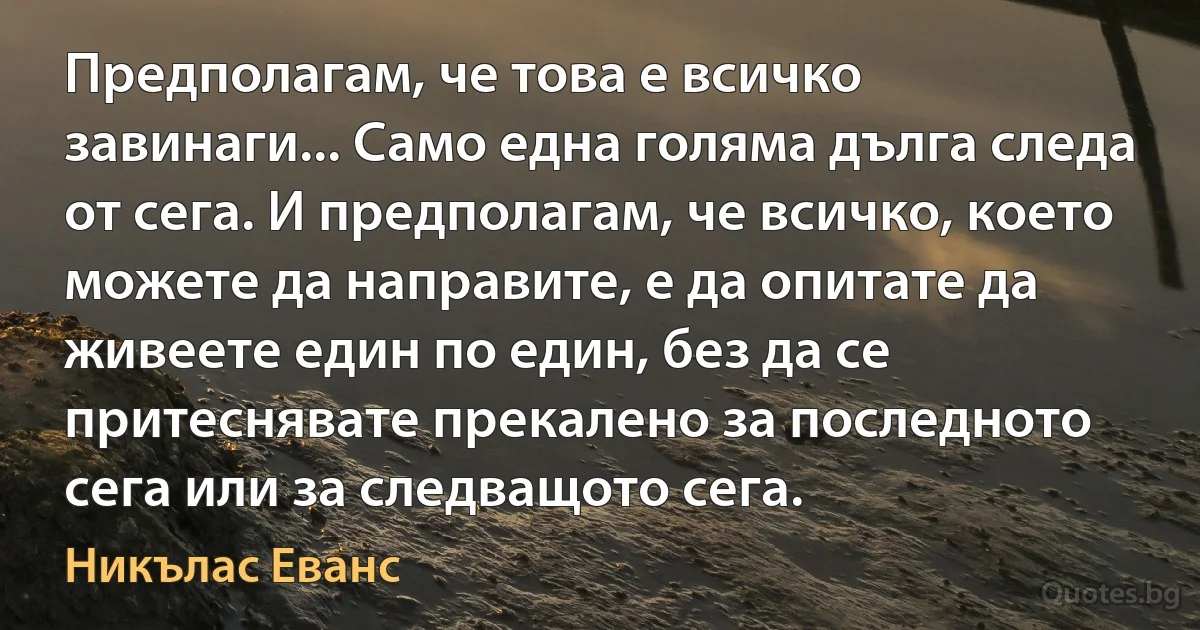 Предполагам, че това е всичко завинаги... Само една голяма дълга следа от сега. И предполагам, че всичко, което можете да направите, е да опитате да живеете един по един, без да се притеснявате прекалено за последното сега или за следващото сега. (Никълас Еванс)