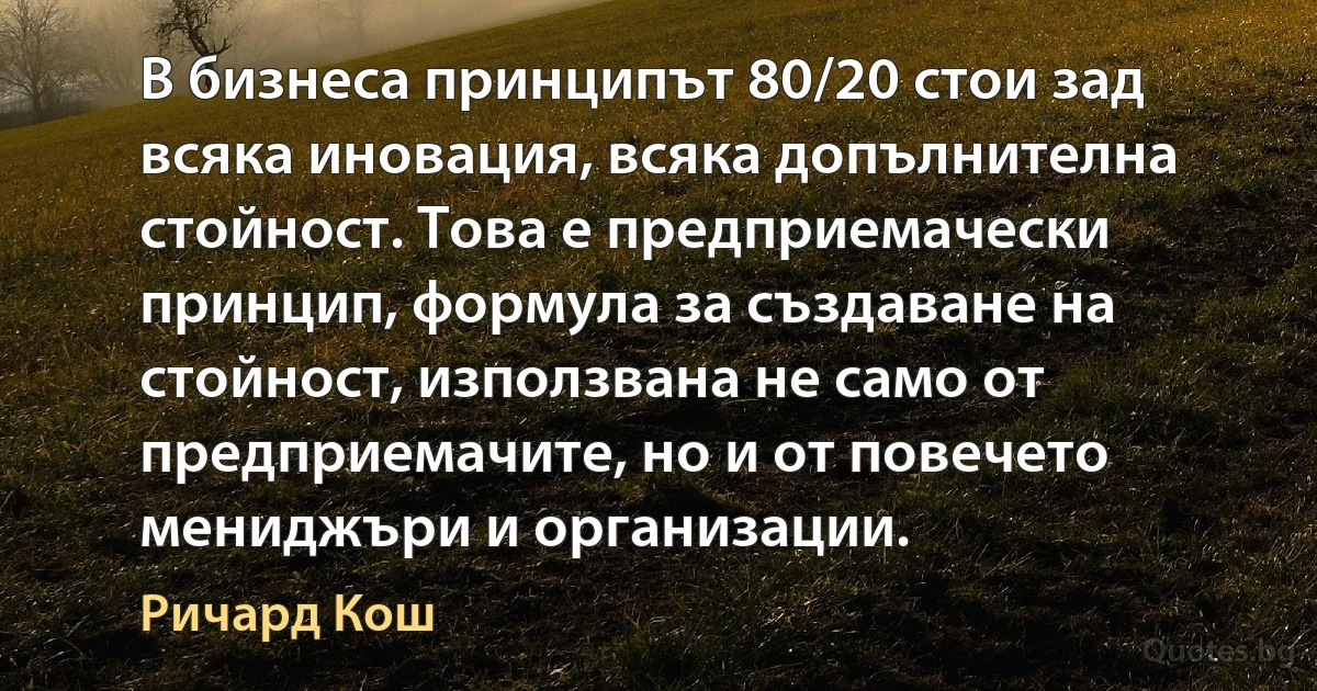 В бизнеса принципът 80/20 стои зад всяка иновация, всяка допълнителна стойност. Това е предприемачески принцип, формула за създаване на стойност, използвана не само от предприемачите, но и от повечето мениджъри и организации. (Ричард Кош)