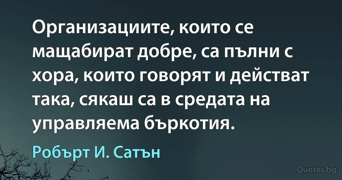 Организациите, които се мащабират добре, са пълни с хора, които говорят и действат така, сякаш са в средата на управляема бъркотия. (Робърт И. Сатън)