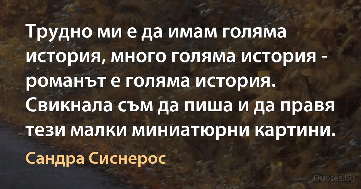 Трудно ми е да имам голяма история, много голяма история - романът е голяма история. Свикнала съм да пиша и да правя тези малки миниатюрни картини. (Сандра Сиснерос)