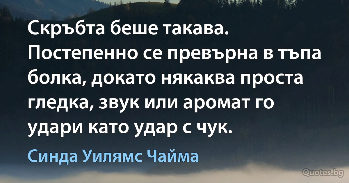 Скръбта беше такава. Постепенно се превърна в тъпа болка, докато някаква проста гледка, звук или аромат го удари като удар с чук. (Синда Уилямс Чайма)