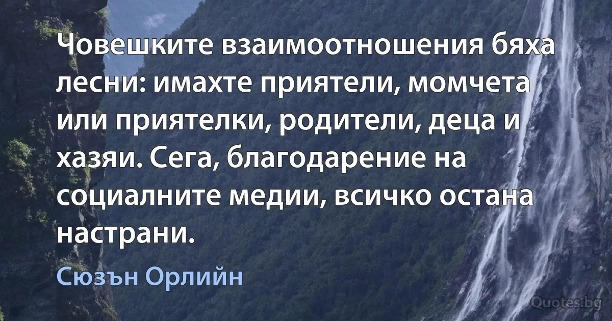 Човешките взаимоотношения бяха лесни: имахте приятели, момчета или приятелки, родители, деца и хазяи. Сега, благодарение на социалните медии, всичко остана настрани. (Сюзън Орлийн)