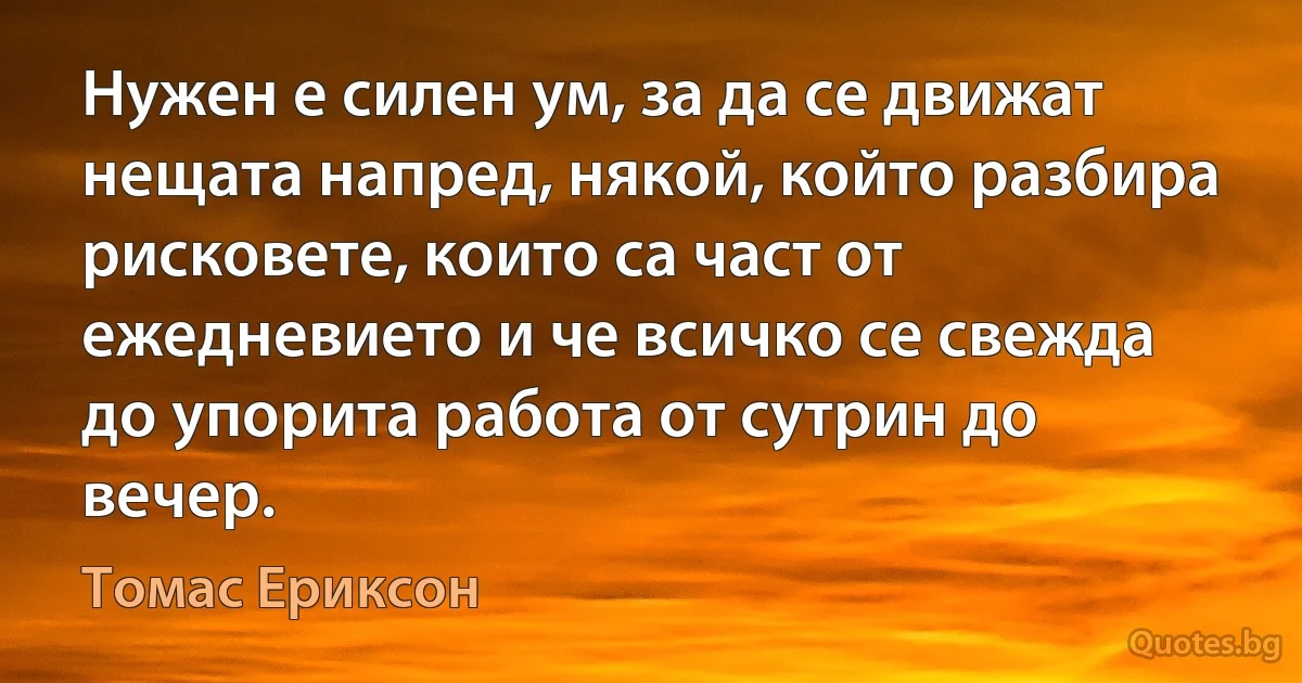 Нужен е силен ум, за да се движат нещата напред, някой, който разбира рисковете, които са част от ежедневието и че всичко се свежда до упорита работа от сутрин до вечер. (Томас Ериксон)