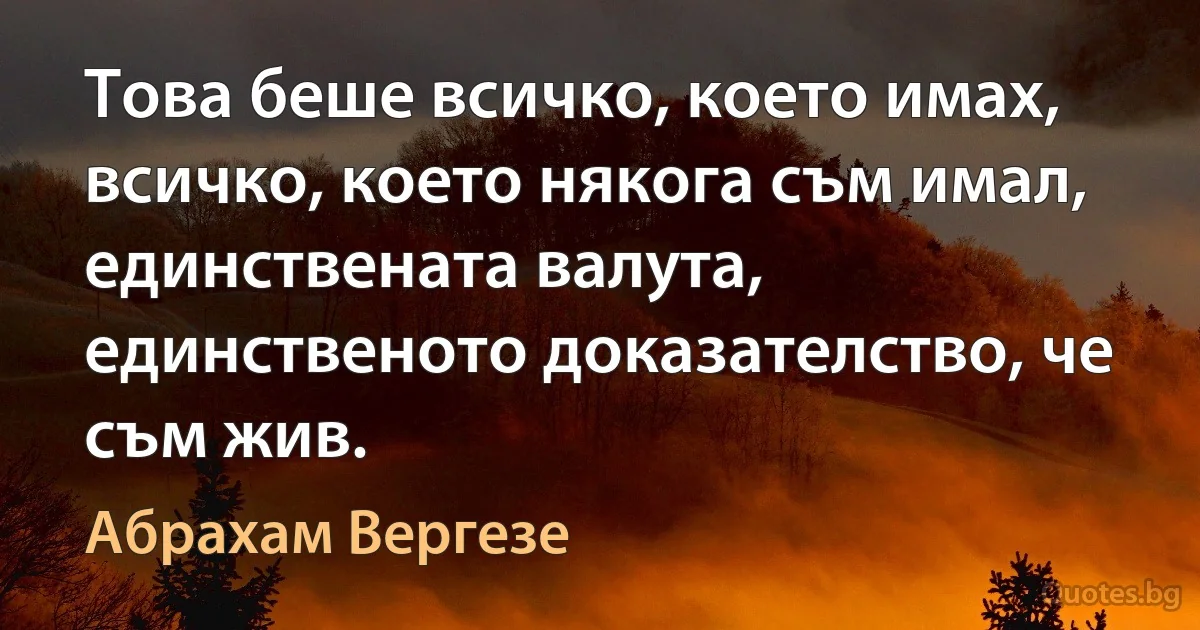 Това беше всичко, което имах, всичко, което някога съм имал, единствената валута, единственото доказателство, че съм жив. (Абрахам Вергезе)