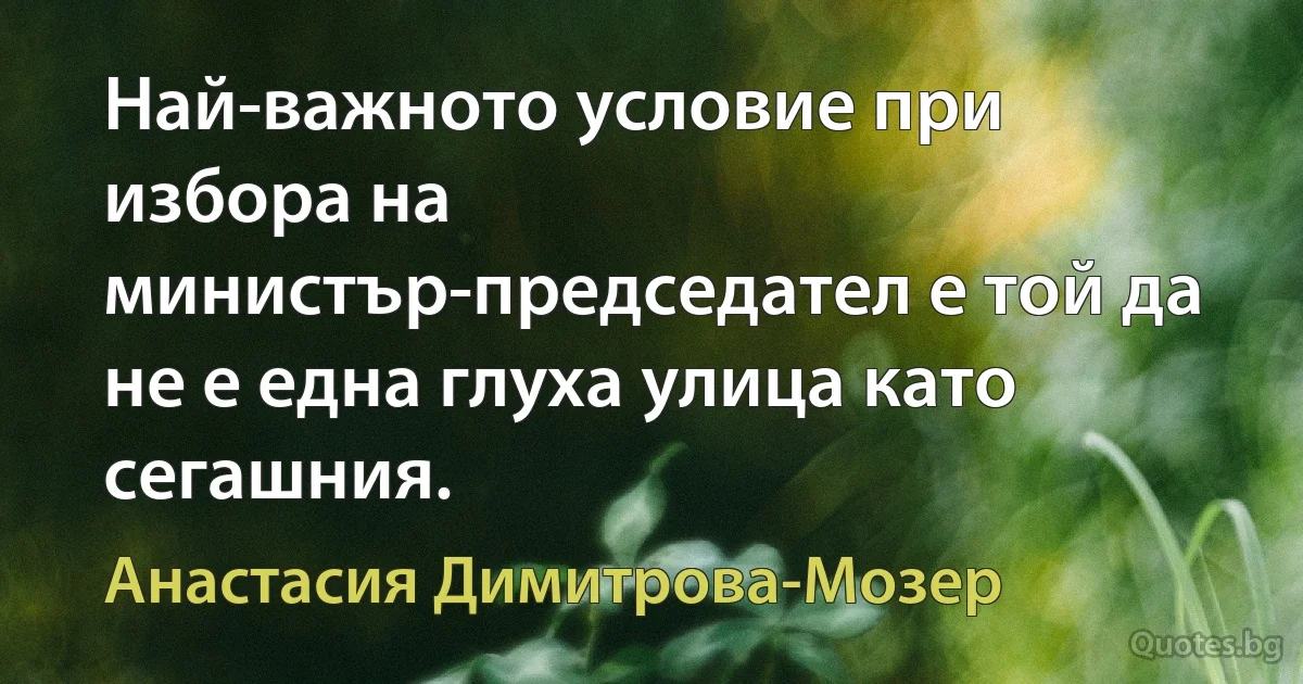 Най-важното условие при избора на министър-председател е той да не е една глуха улица като сегашния. (Анастасия Димитрова-Мозер)