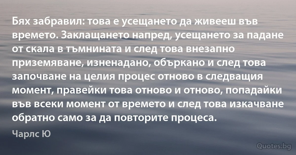 Бях забравил: това е усещането да живееш във времето. Заклащането напред, усещането за падане от скала в тъмнината и след това внезапно приземяване, изненадано, объркано и след това започване на целия процес отново в следващия момент, правейки това отново и отново, попадайки във всеки момент от времето и след това изкачване обратно само за да повторите процеса. (Чарлс Ю)