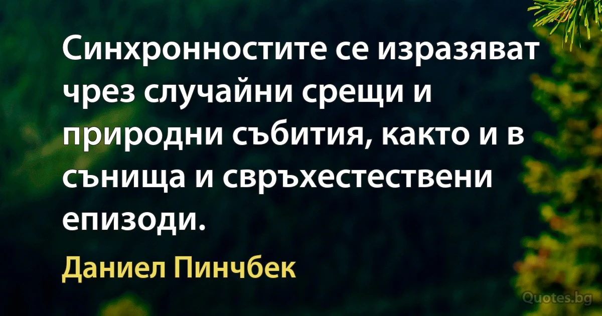 Синхронностите се изразяват чрез случайни срещи и природни събития, както и в сънища и свръхестествени епизоди. (Даниел Пинчбек)