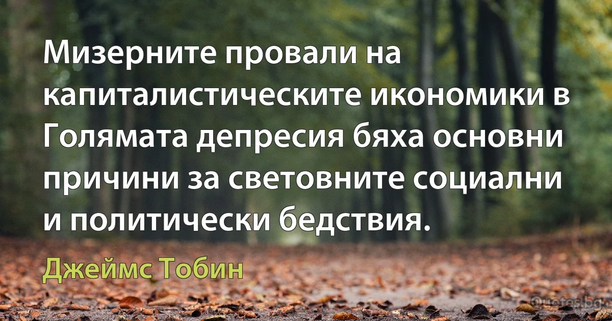 Мизерните провали на капиталистическите икономики в Голямата депресия бяха основни причини за световните социални и политически бедствия. (Джеймс Тобин)