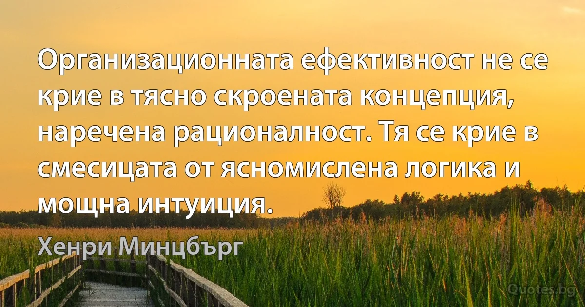 Организационната ефективност не се крие в тясно скроената концепция, наречена рационалност. Тя се крие в смесицата от ясномислена логика и мощна интуиция. (Хенри Минцбърг)