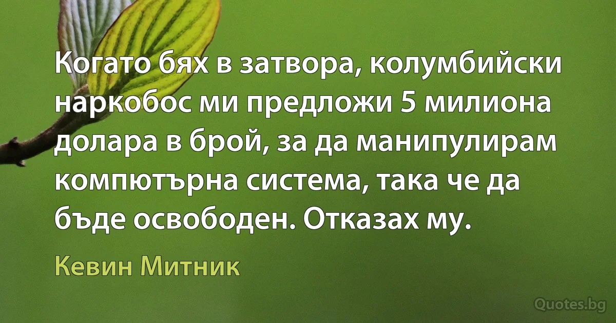 Когато бях в затвора, колумбийски наркобос ми предложи 5 милиона долара в брой, за да манипулирам компютърна система, така че да бъде освободен. Отказах му. (Кевин Митник)