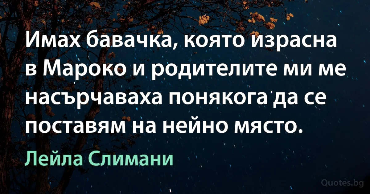 Имах бавачка, която израсна в Мароко и родителите ми ме насърчаваха понякога да се поставям на нейно място. (Лейла Слимани)