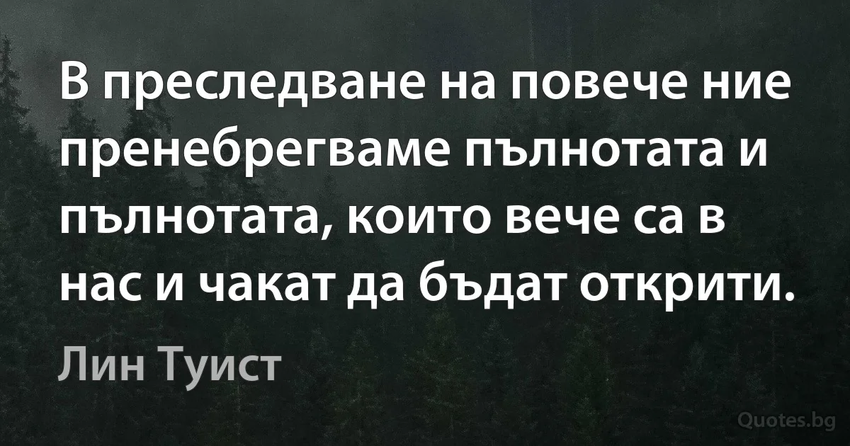 В преследване на повече ние пренебрегваме пълнотата и пълнотата, които вече са в нас и чакат да бъдат открити. (Лин Туист)