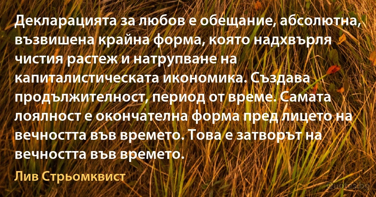 Декларацията за любов е обещание, абсолютна, възвишена крайна форма, която надхвърля чистия растеж и натрупване на капиталистическата икономика. Създава продължителност, период от време. Самата лоялност е окончателна форма пред лицето на вечността във времето. Това е затворът на вечността във времето. (Лив Стрьомквист)