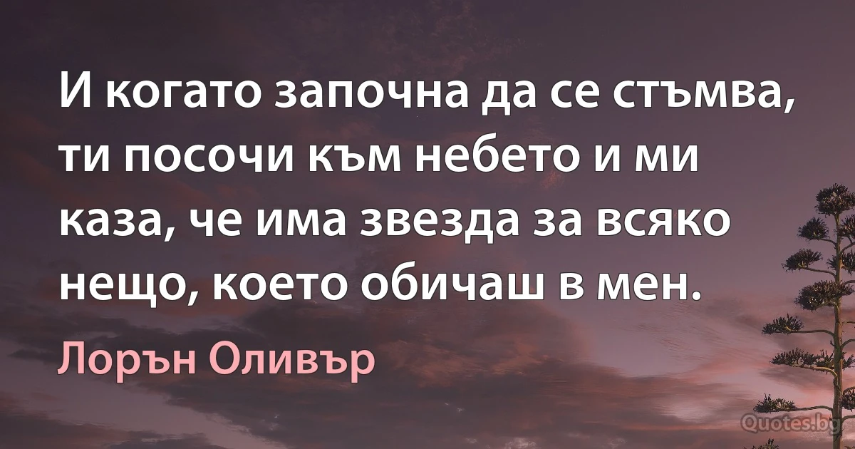 И когато започна да се стъмва, ти посочи към небето и ми каза, че има звезда за всяко нещо, което обичаш в мен. (Лорън Оливър)