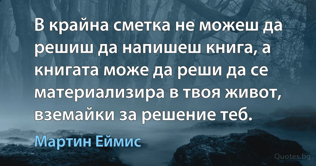 В крайна сметка не можеш да решиш да напишеш книга, а книгата може да реши да се материализира в твоя живот, вземайки за решение теб. (Мартин Еймис)