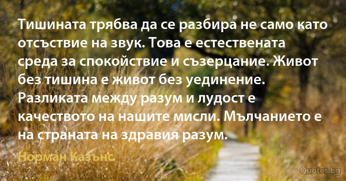 Тишината трябва да се разбира не само като отсъствие на звук. Това е естествената среда за спокойствие и съзерцание. Живот без тишина е живот без уединение. Разликата между разум и лудост е качеството на нашите мисли. Мълчанието е на страната на здравия разум. (Норман Казънс)