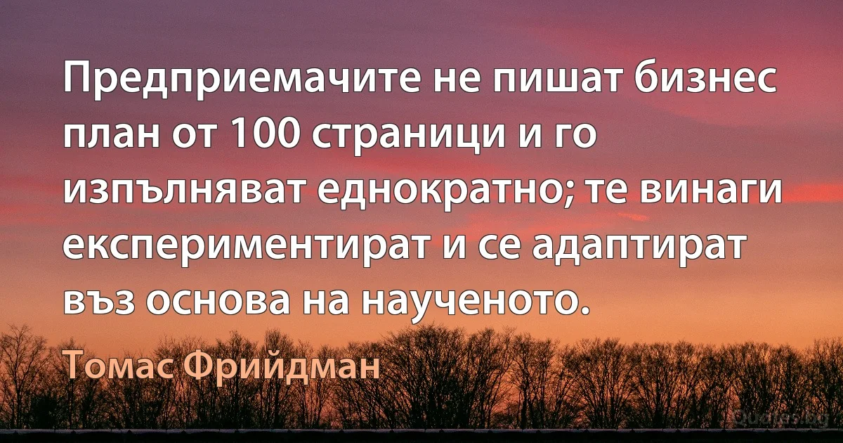 Предприемачите не пишат бизнес план от 100 страници и го изпълняват еднократно; те винаги експериментират и се адаптират въз основа на наученото. (Томас Фрийдман)