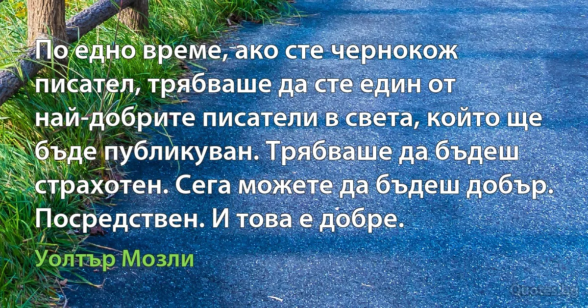 По едно време, ако сте чернокож писател, трябваше да сте един от най-добрите писатели в света, който ще бъде публикуван. Трябваше да бъдеш страхотен. Сега можете да бъдеш добър. Посредствен. И това е добре. (Уолтър Мозли)