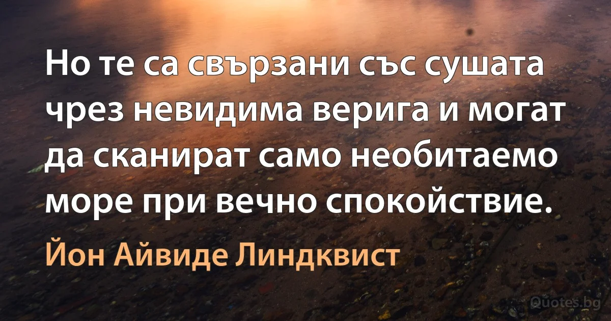 Но те са свързани със сушата чрез невидима верига и могат да сканират само необитаемо море при вечно спокойствие. (Йон Айвиде Линдквист)