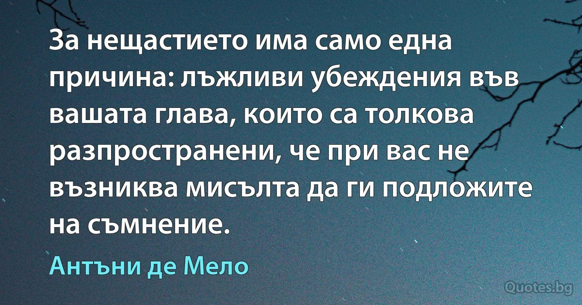 За нещастието има само една причина: лъжливи убеждения във вашата глава, които са толкова разпространени, че при вас не възниква мисълта да ги подложите на съмнение. (Антъни де Мело)